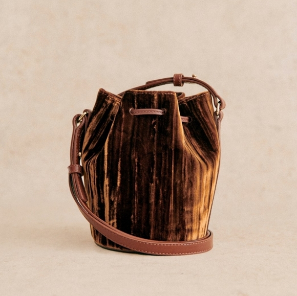 Sezane Farrow Camel Velvet Micro Bucket Bag - Picture 3 of 5